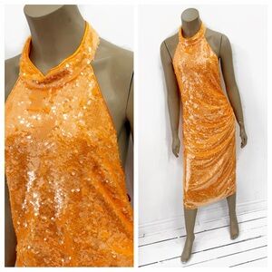Caroline Constas Orange Sequin Halter Midi Dress
